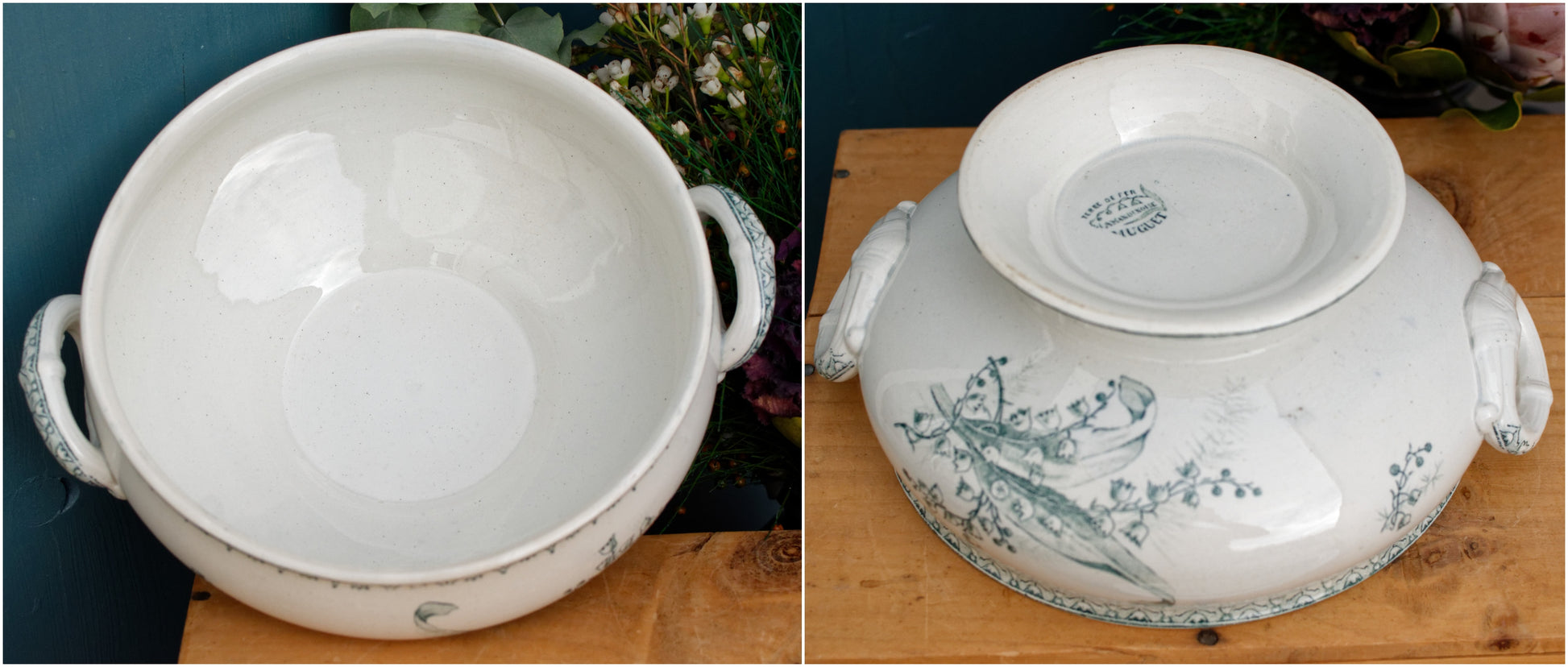 MUGUET Motif Ste Amandinoise French Antique Ironstone Green Transferware Soup Tureen Soupiere Terre de fer Faience