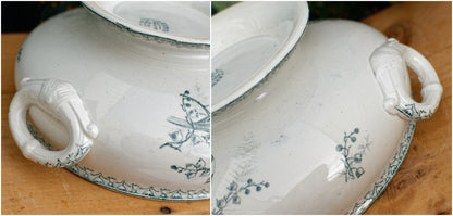 MUGUET Motif Ste Amandinoise French Antique Ironstone Green Transferware Soup Tureen Soupiere Terre de fer Faience