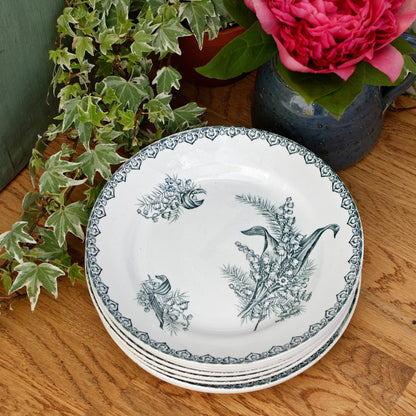 MUGUET Motif Ste Amandinoise St Amand French Antique Ironstone Green Transferware Dinner Plate Terre de fer en faience