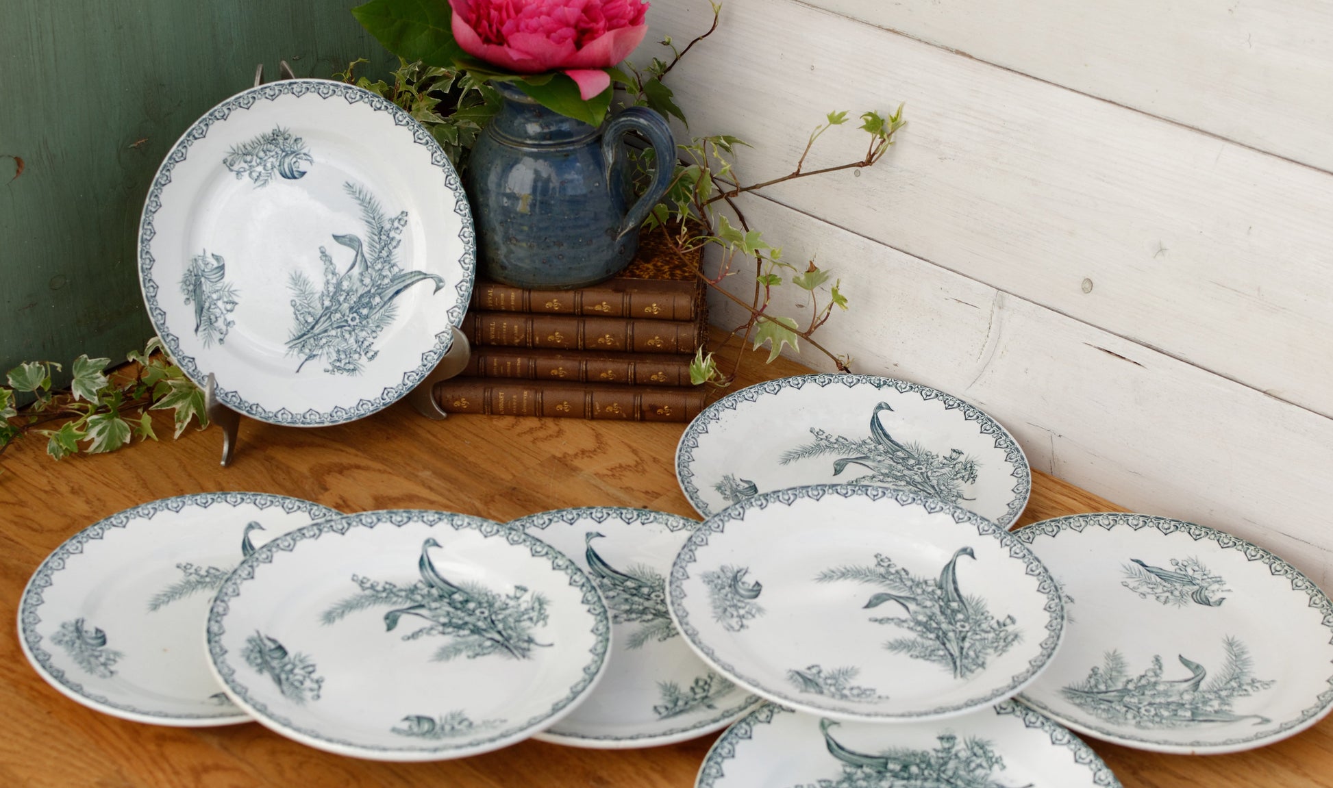 MUGUET Motif Ste Amandinoise St Amand French Antique Ironstone Green Transferware Dinner Plate Terre de fer en faience