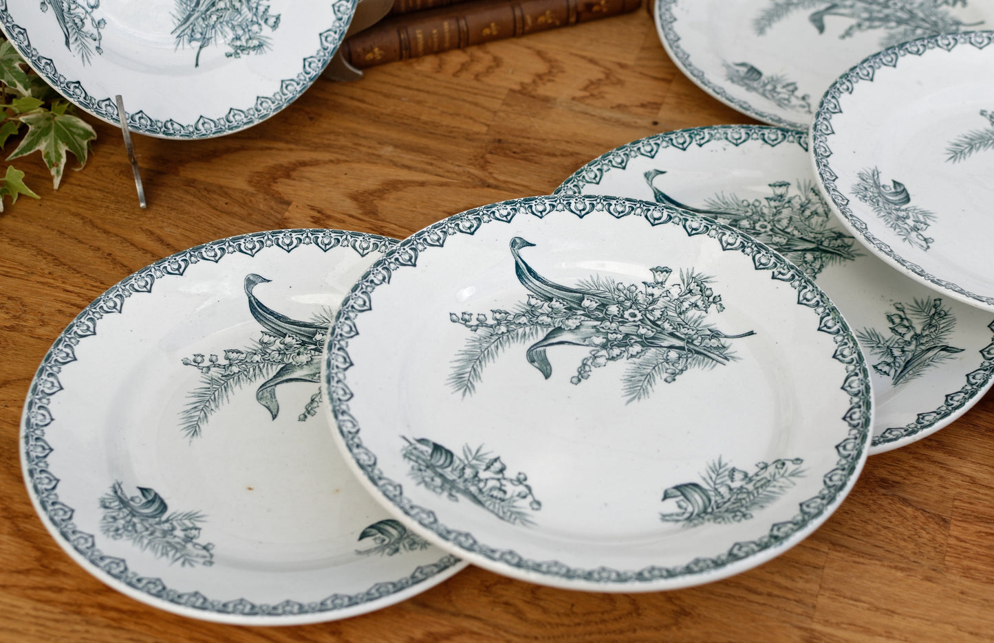 MUGUET Motif Ste Amandinoise St Amand French Antique Ironstone Green Transferware Dinner Plate Terre de fer en faience