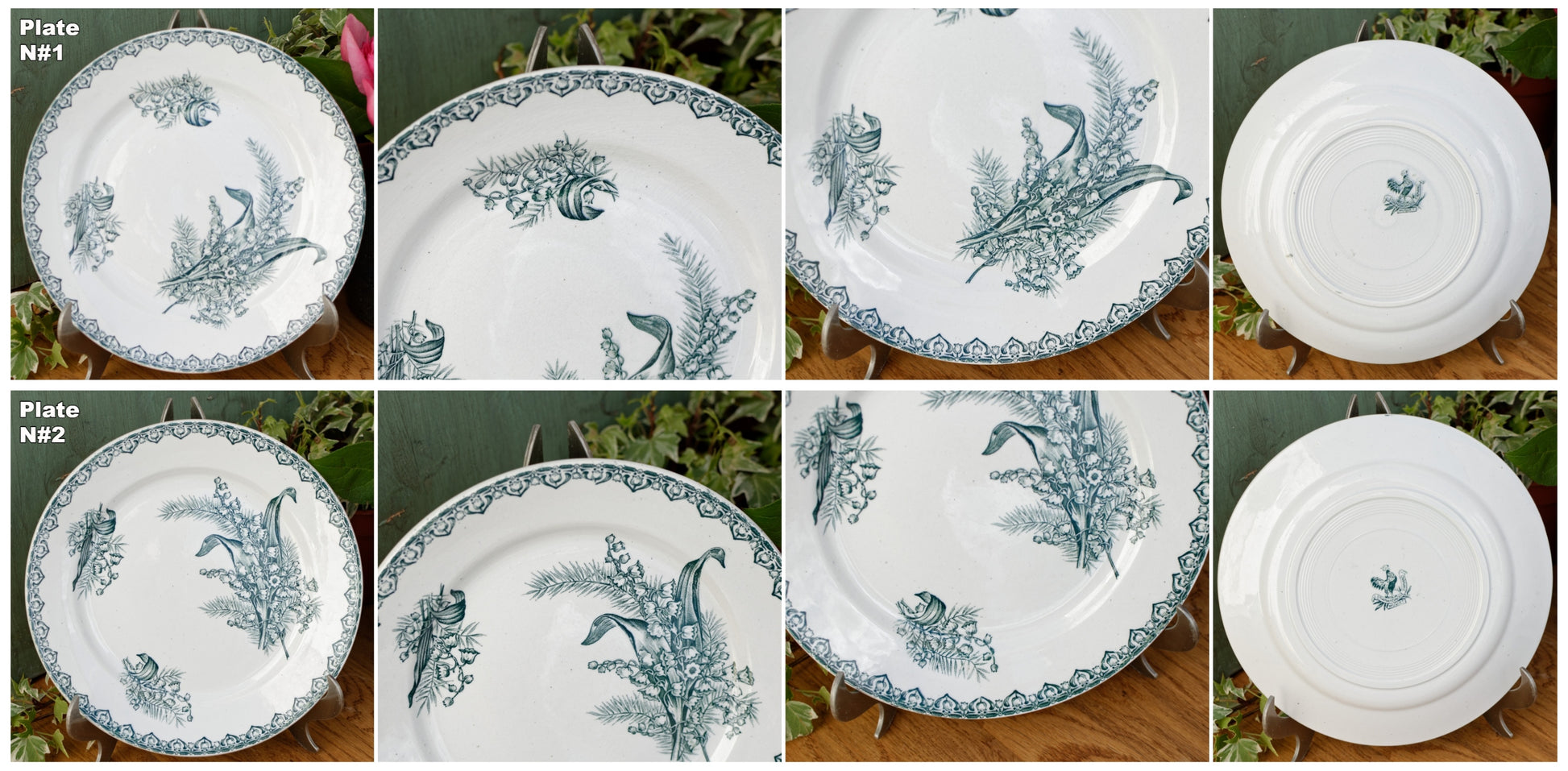 MUGUET Motif Ste Amandinoise St Amand French Antique Ironstone Green Transferware Dinner Plate Terre de fer en faience