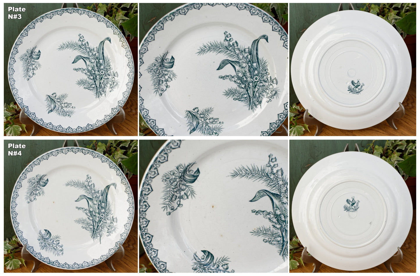 MUGUET Motif Ste Amandinoise St Amand French Antique Ironstone Green Transferware Dinner Plate Terre de fer en faience