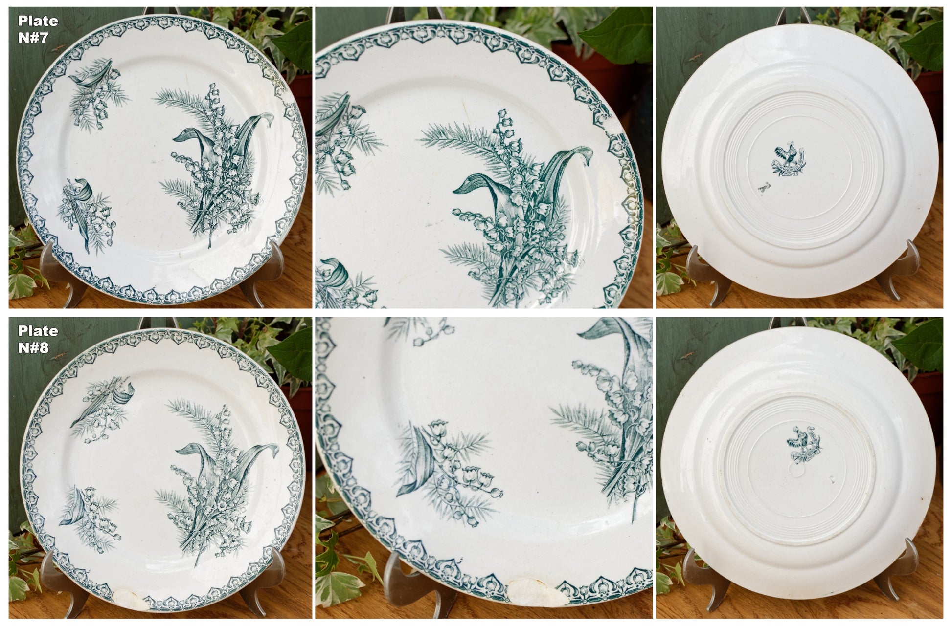 MUGUET Motif Ste Amandinoise St Amand French Antique Ironstone Green Transferware Dinner Plate Terre de fer en faience