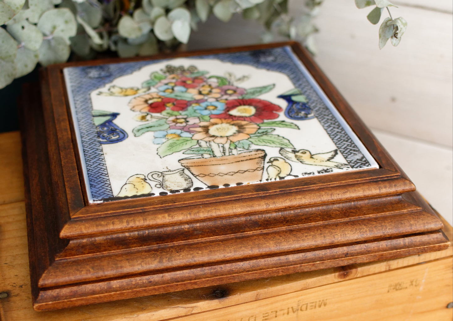 1920s French Antique Ceramic Tile Music Box & Trivet Hot Plate with Hand-Carved Footed Wooden Base "Trépied Dessous de Plat en Faience"