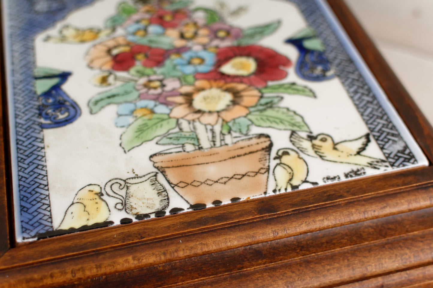 1920s French Antique Ceramic Tile Music Box & Trivet Hot Plate with Hand-Carved Footed Wooden Base "Trépied Dessous de Plat en Faience"