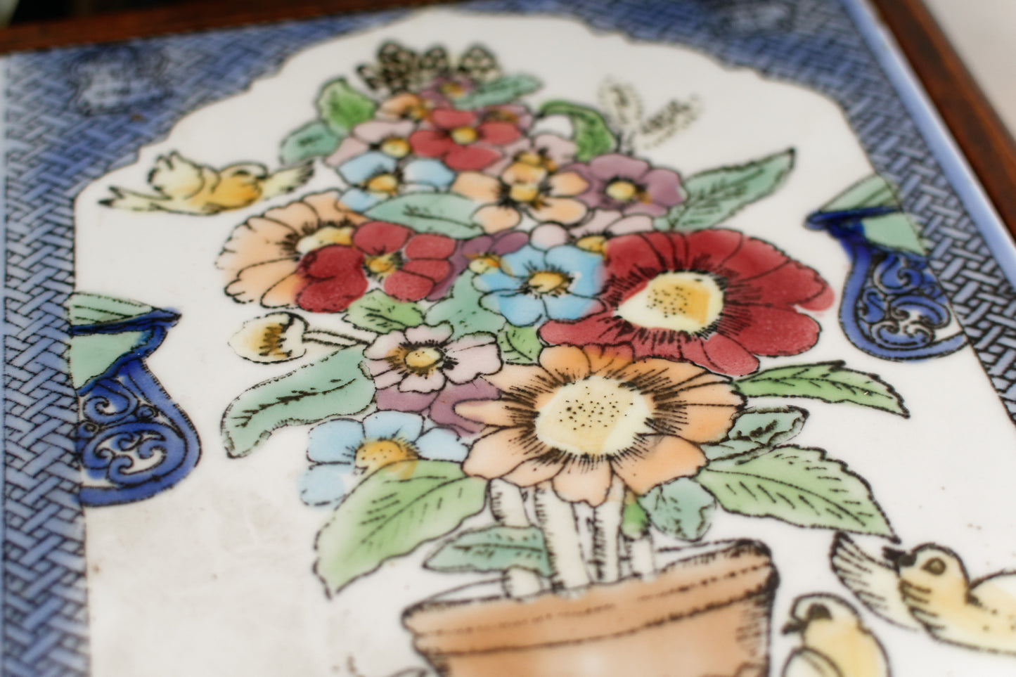 1920s French Antique Ceramic Tile Music Box & Trivet Hot Plate with Hand-Carved Footed Wooden Base "Trépied Dessous de Plat en Faience"