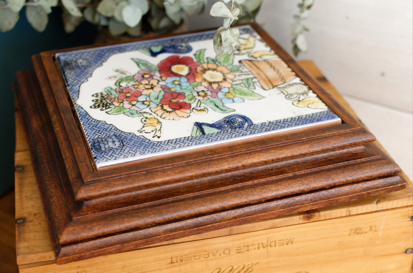 1920s French Antique Ceramic Tile Music Box & Trivet Hot Plate with Hand-Carved Footed Wooden Base "Trépied Dessous de Plat en Faience"