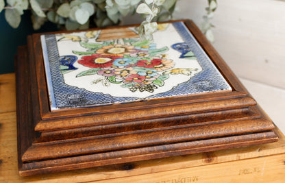 1920s French Antique Ceramic Tile Music Box & Trivet Hot Plate with Hand-Carved Footed Wooden Base "Trépied Dessous de Plat en Faience"
