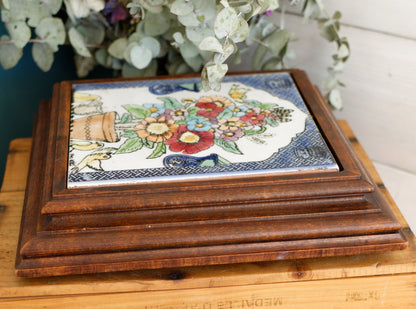 1920s French Antique Ceramic Tile Music Box & Trivet Hot Plate with Hand-Carved Footed Wooden Base "Trépied Dessous de Plat en Faience"