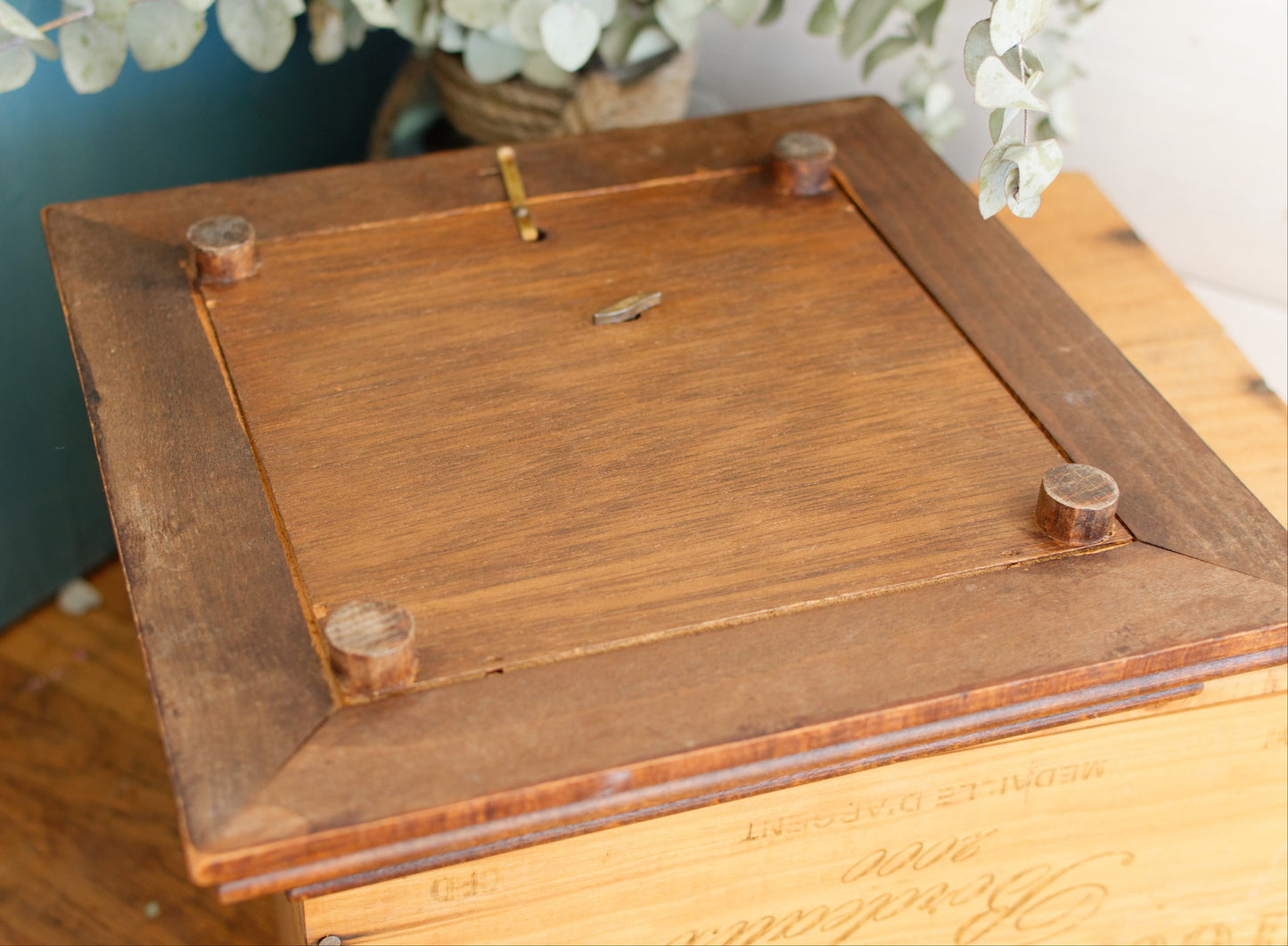 1920s French Antique Ceramic Tile Music Box & Trivet Hot Plate with Hand-Carved Footed Wooden Base "Trépied Dessous de Plat en Faience"