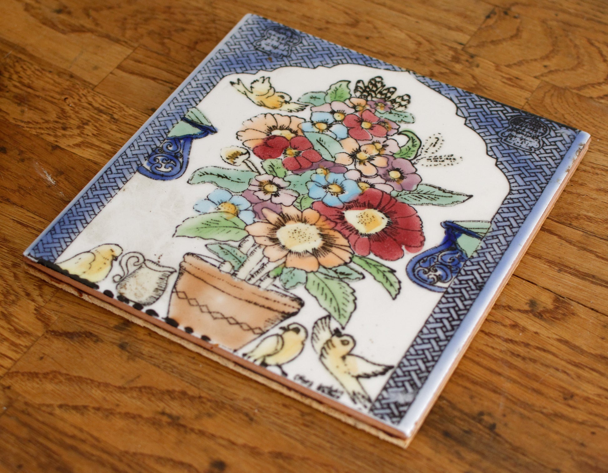 1920s French Antique Ceramic Tile Music Box & Trivet Hot Plate with Hand-Carved Footed Wooden Base "Trépied Dessous de Plat en Faience"