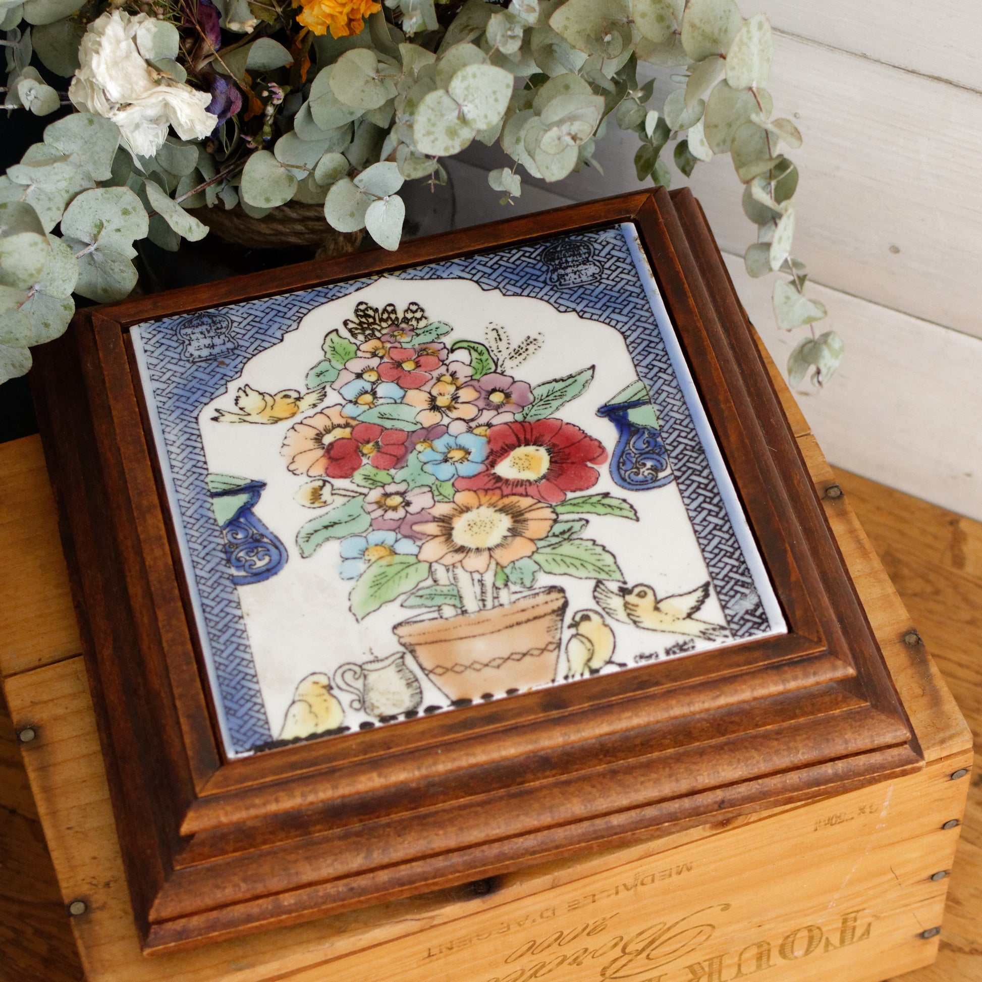 1920s French Antique Ceramic Tile Music Box & Trivet Hot Plate with Hand-Carved Footed Wooden Base "Trépied Dessous de Plat en Faience"