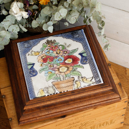 1920s French Antique Ceramic Tile Music Box & Trivet Hot Plate with Hand-Carved Footed Wooden Base "Trépied Dessous de Plat en Faience"