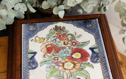 1920s French Antique Ceramic Tile Music Box & Trivet Hot Plate with Hand-Carved Footed Wooden Base "Trépied Dessous de Plat en Faience"