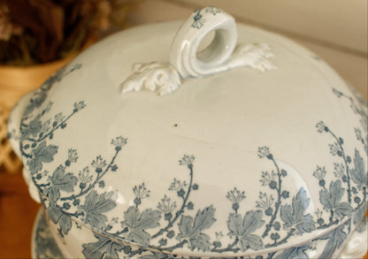 NEVA Motif K&G (Keller et Guérin) Lunéville French Antique Ironstone Blue Transferware Soup Tureen & Serving Plate Terre de Fer en Faience