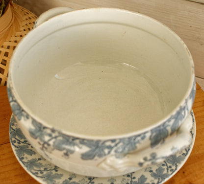 NEVA Motif K&G (Keller et Guérin) Lunéville French Antique Ironstone Blue Transferware Soup Tureen & Serving Plate Terre de Fer en Faience