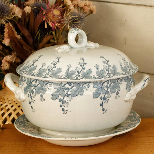 NEVA Motif K&G (Keller et Guérin) Lunéville French Antique Ironstone Blue Transferware Soup Tureen & Serving Plate Terre de Fer en Faience