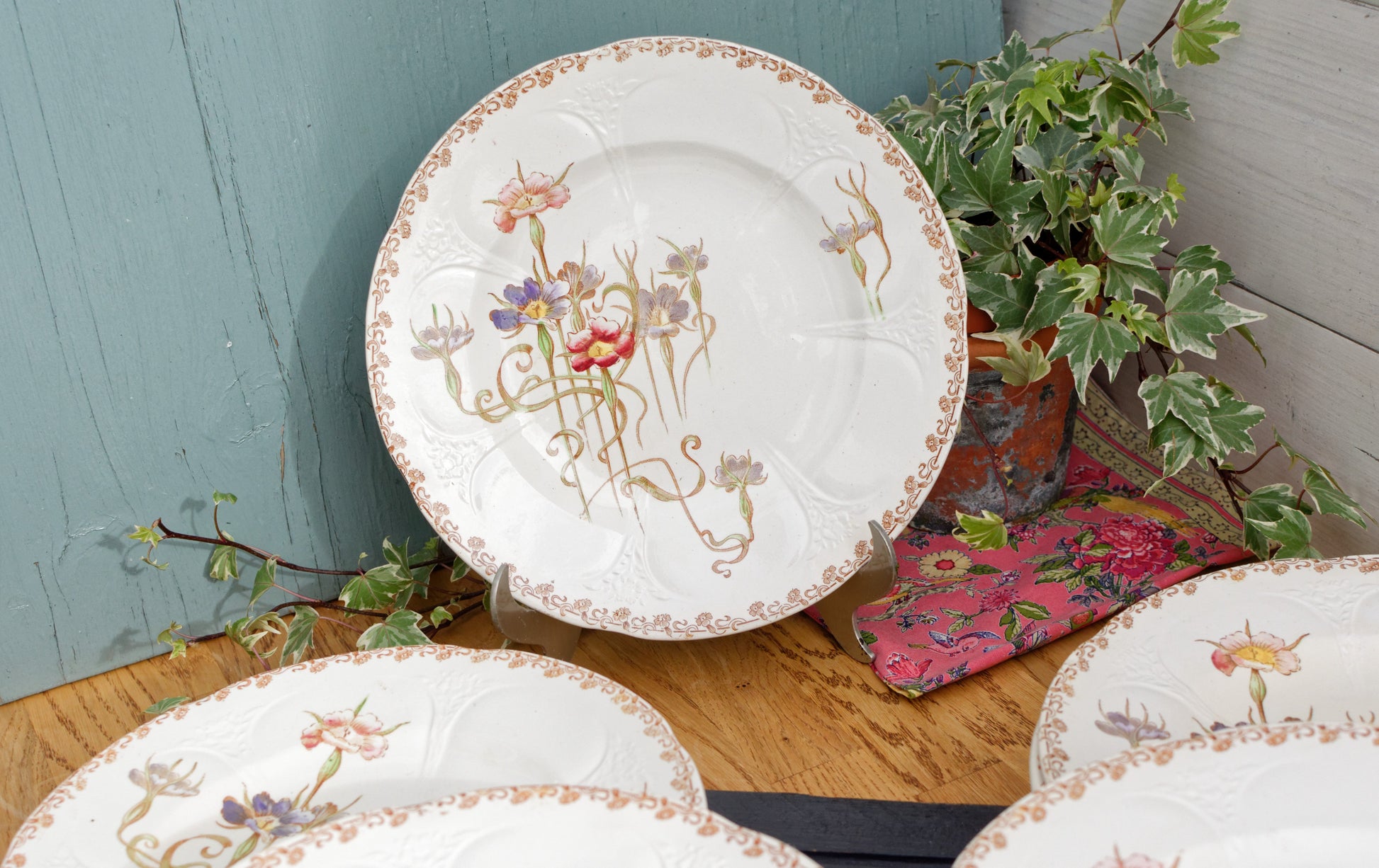 French Antique Ironstone Polychrome Floral Dinner Plate NIELLES Longwy terre de fer faience