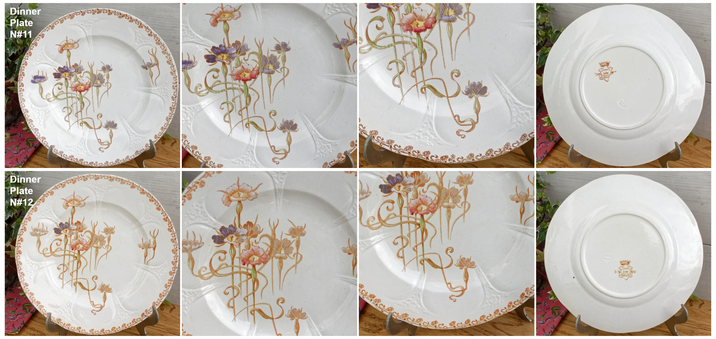 French Antique Ironstone Polychrome Floral Dinner Plate NIELLES Longwy terre de fer faience