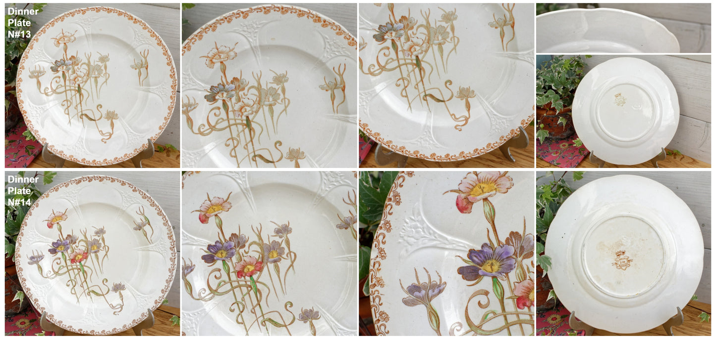 French Antique Ironstone Polychrome Floral Dinner Plate NIELLES Longwy terre de fer faience