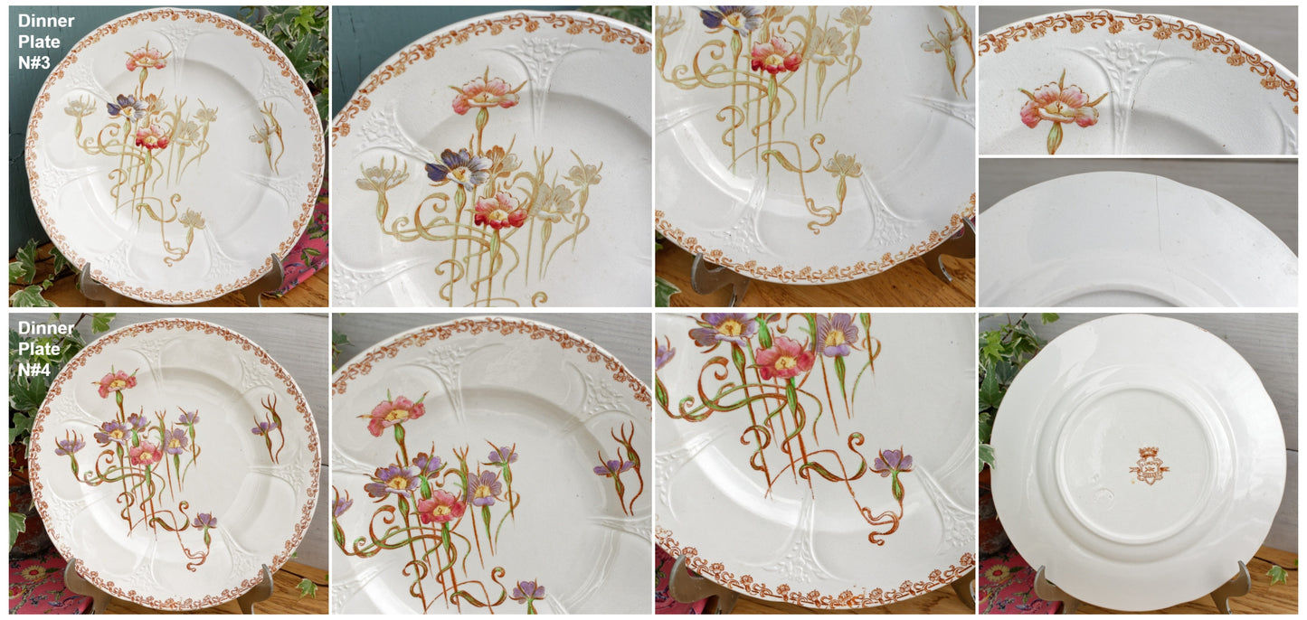 French Antique Ironstone Polychrome Floral Dinner Plate NIELLES Longwy terre de fer faience