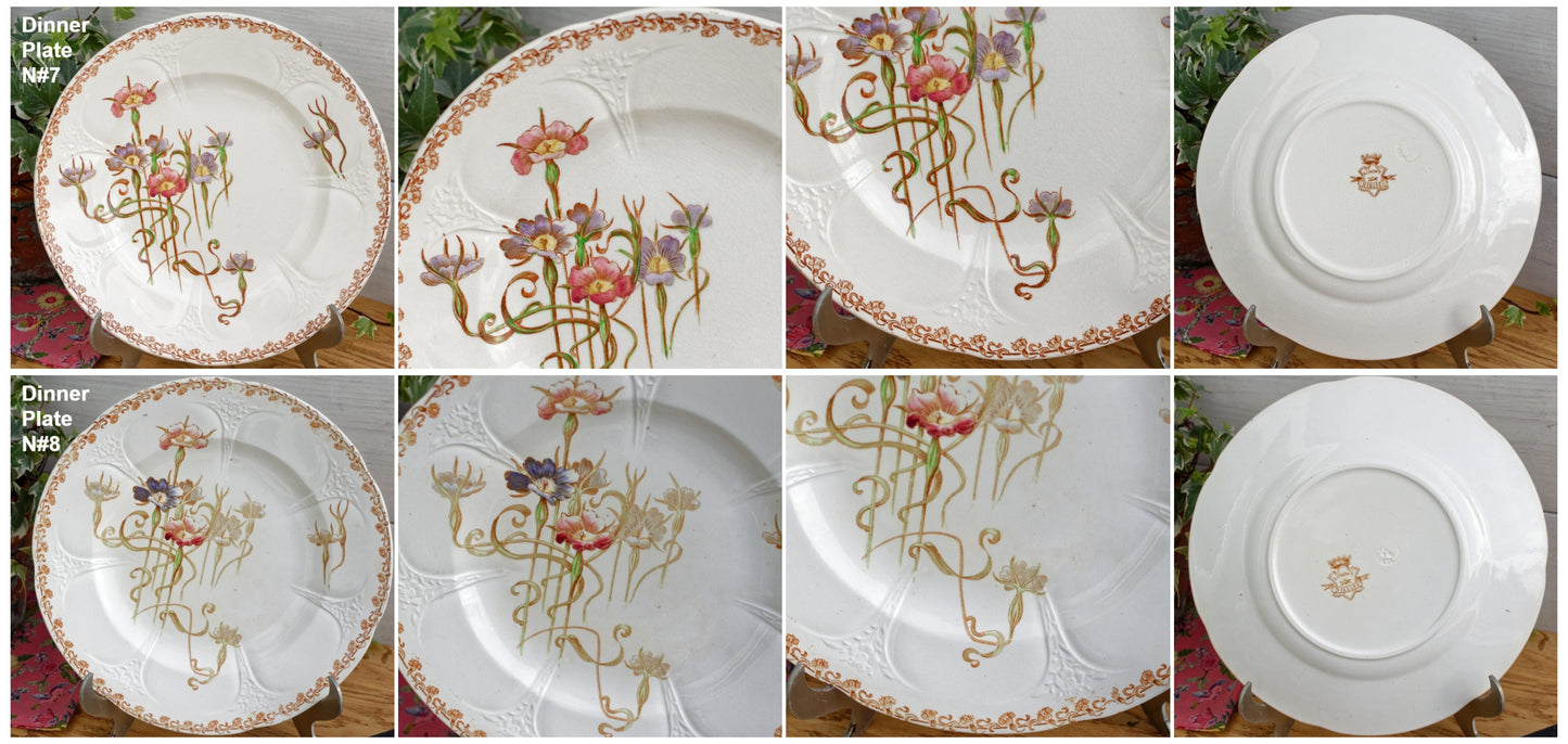 French Antique Ironstone Polychrome Floral Dinner Plate NIELLES Longwy terre de fer faience