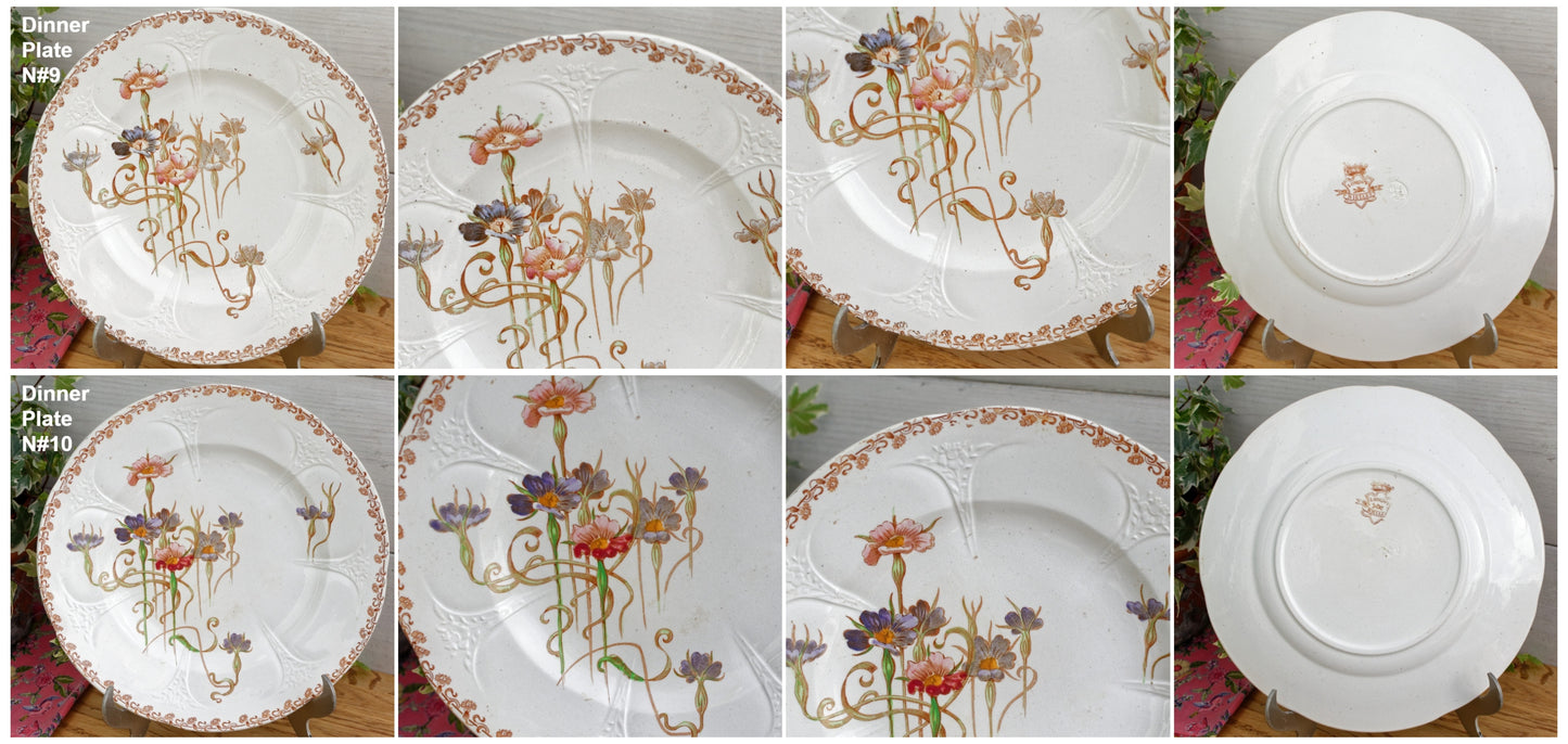 French Antique Ironstone Polychrome Floral Dinner Plate NIELLES Longwy terre de fer faience