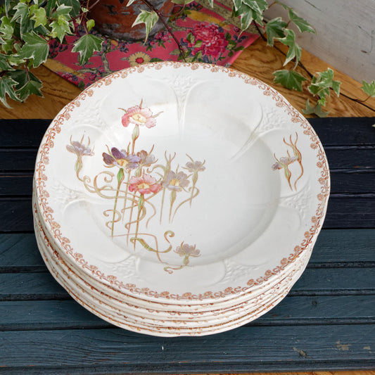 French Antique Ironstone Polychrome Floral Dinner Plate NIELLES Longwy terre de fer faience