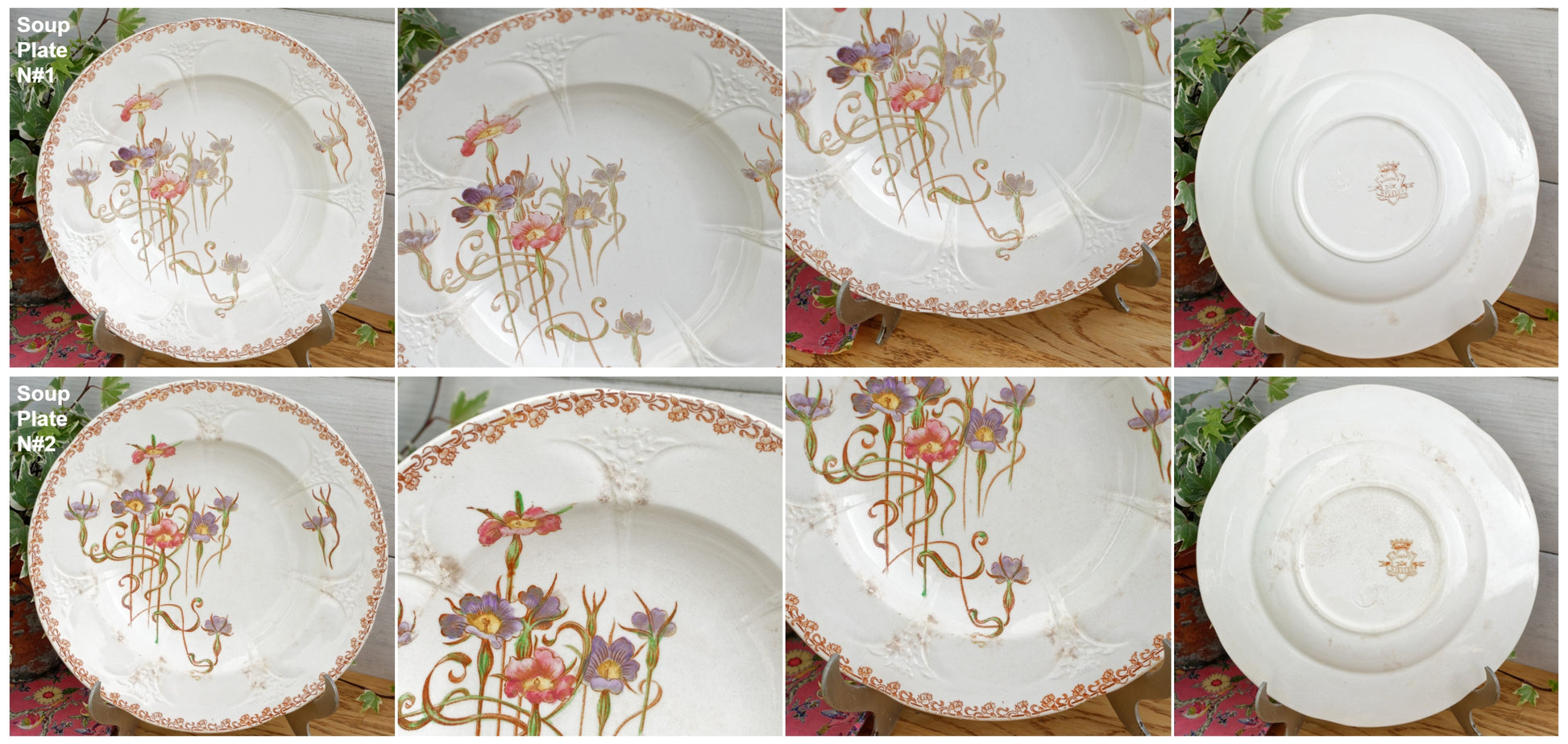 French Antique Ironstone Polychrome Floral Dinner Plate NIELLES Longwy terre de fer faience