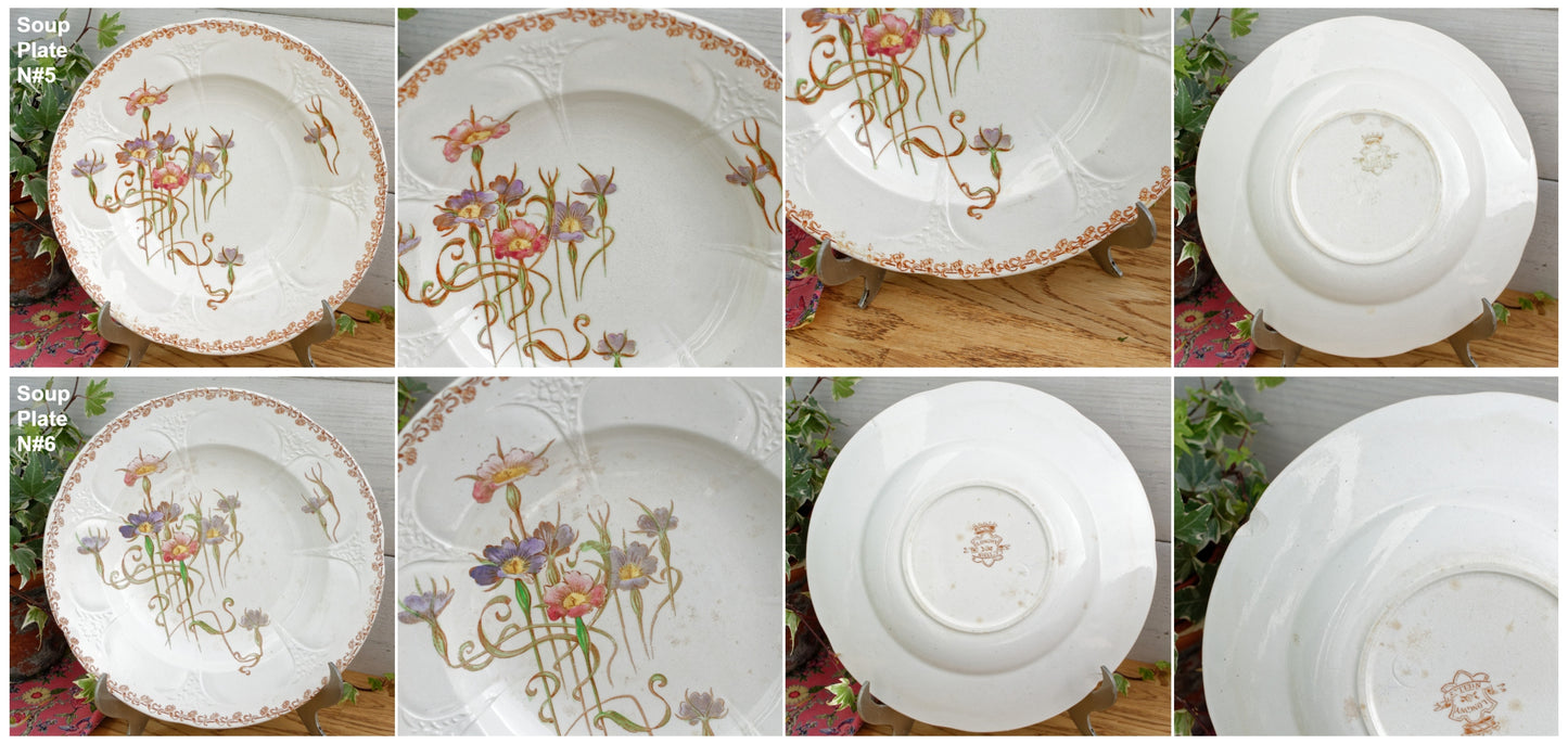 French Antique Ironstone Polychrome Floral Dinner Plate NIELLES Longwy terre de fer faience