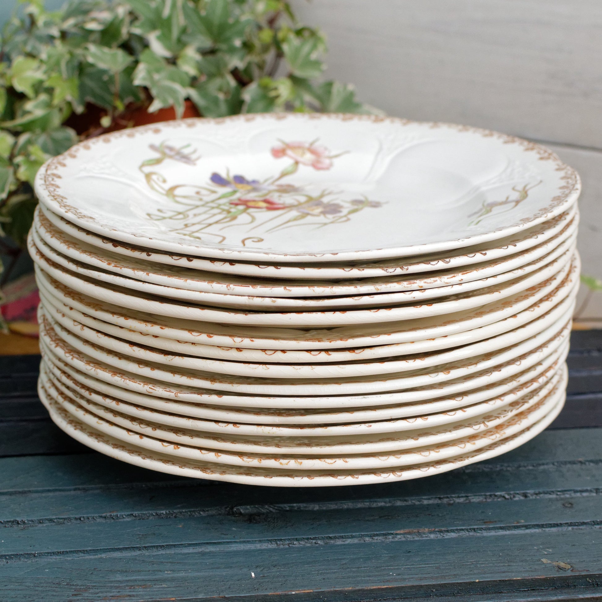 French Antique Ironstone Polychrome Floral Dinner Plate NIELLES Longwy terre de fer faience