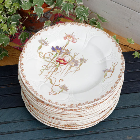 French Antique Ironstone Polychrome Floral Dinner Plate NIELLES Longwy terre de fer faience