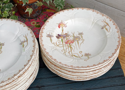 French Antique Ironstone Polychrome Floral Dinner Plate NIELLES Longwy terre de fer faience