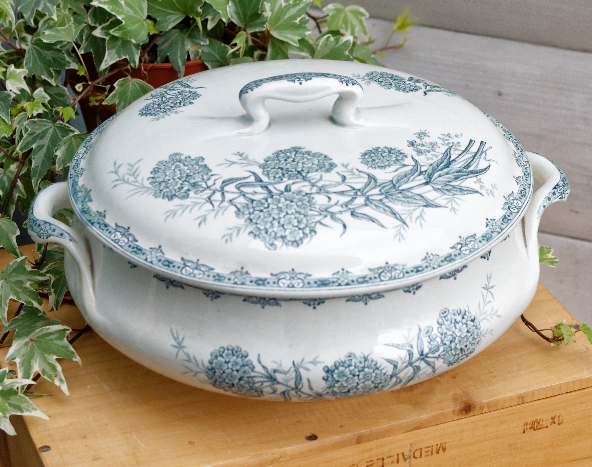 DAISY Motif Nouvelles Usines Ceramiques du Nord St AMAND French Antique Ironstone Green Blue Transferware Soup Tureen Soupiere Terre de Fer