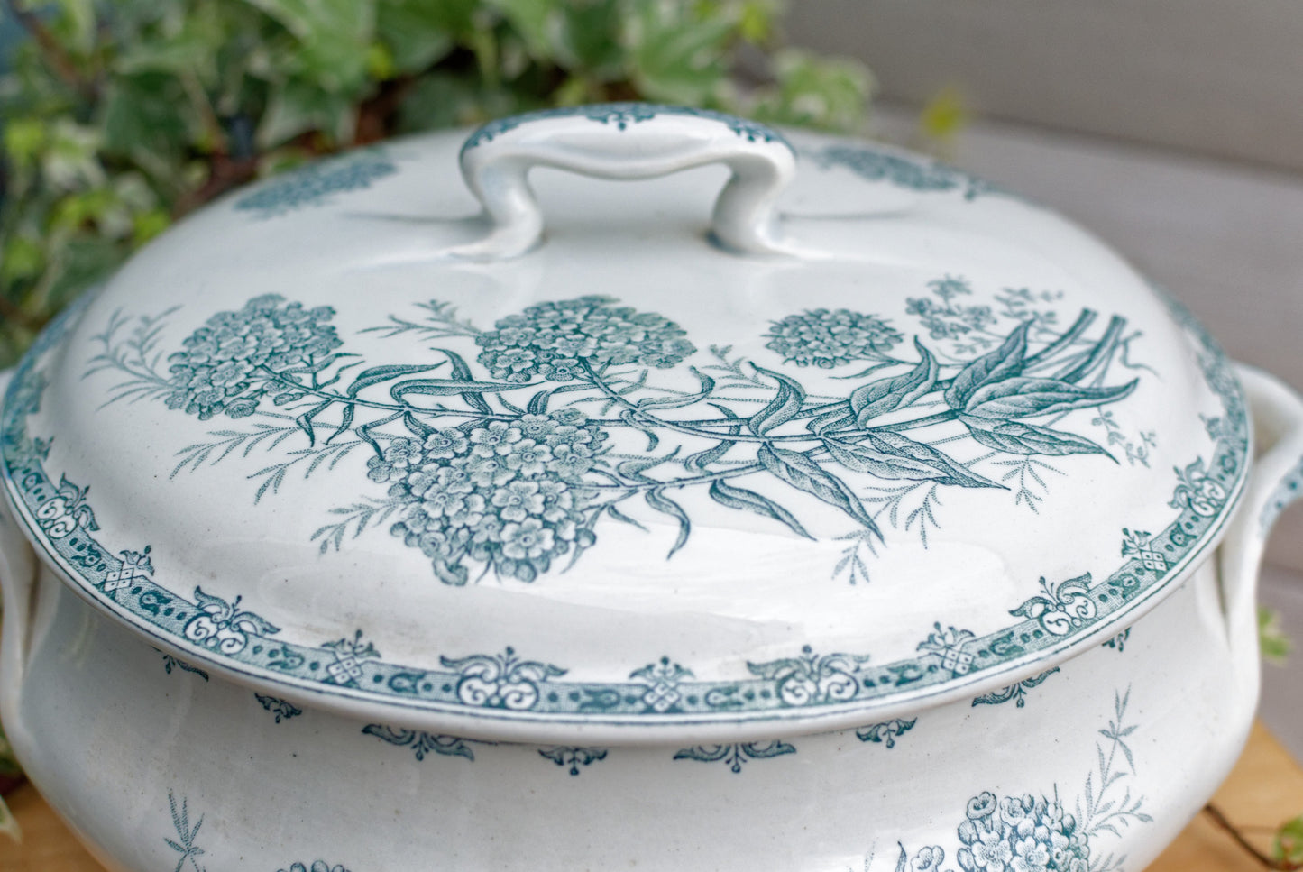 DAISY Motif Nouvelles Usines Ceramiques du Nord St AMAND French Antique Ironstone Green Blue Transferware Soup Tureen Soupiere Terre de Fer