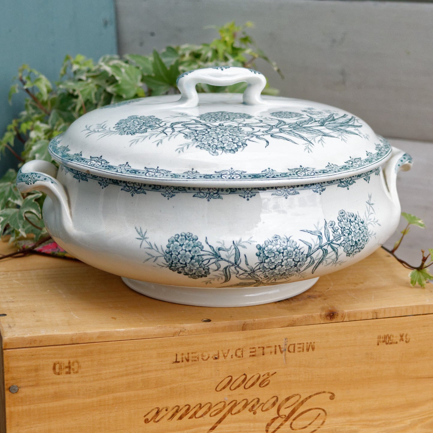 DAISY Motif Nouvelles Usines Ceramiques du Nord St AMAND French Antique Ironstone Green Blue Transferware Soup Tureen Soupiere Terre de Fer