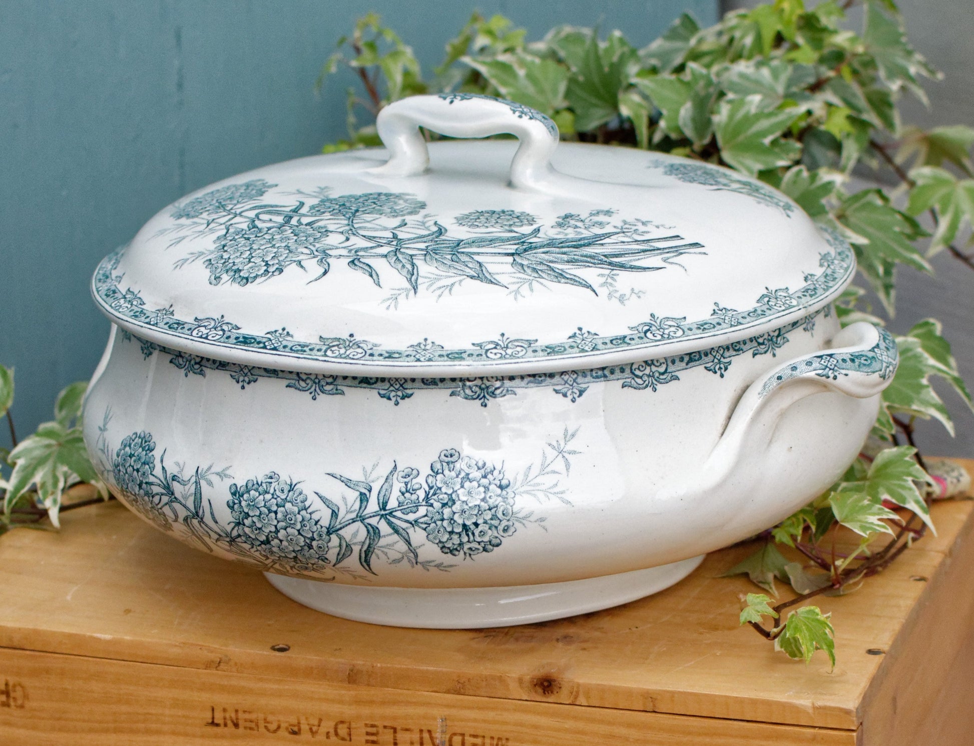 DAISY Motif Nouvelles Usines Ceramiques du Nord St AMAND French Antique Ironstone Green Blue Transferware Soup Tureen Soupiere Terre de Fer