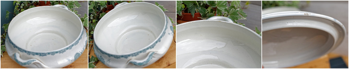 DAISY Motif Nouvelles Usines Ceramiques du Nord St AMAND French Antique Ironstone Green Blue Transferware Soup Tureen Soupiere Terre de Fer