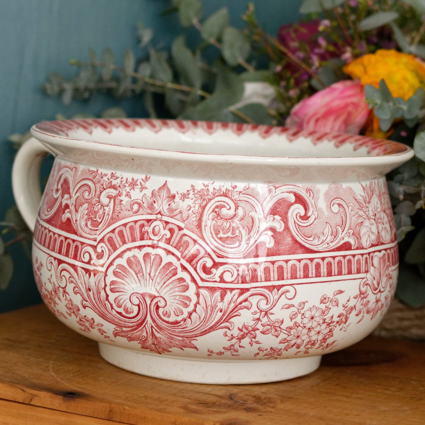 NEPTUNE Sarreguemines U&C French Antique Collectible Ironstone RED Transferware Bathroom Pitcher Pot de Chambre BROC CRUCHE Terre de fer en Faience