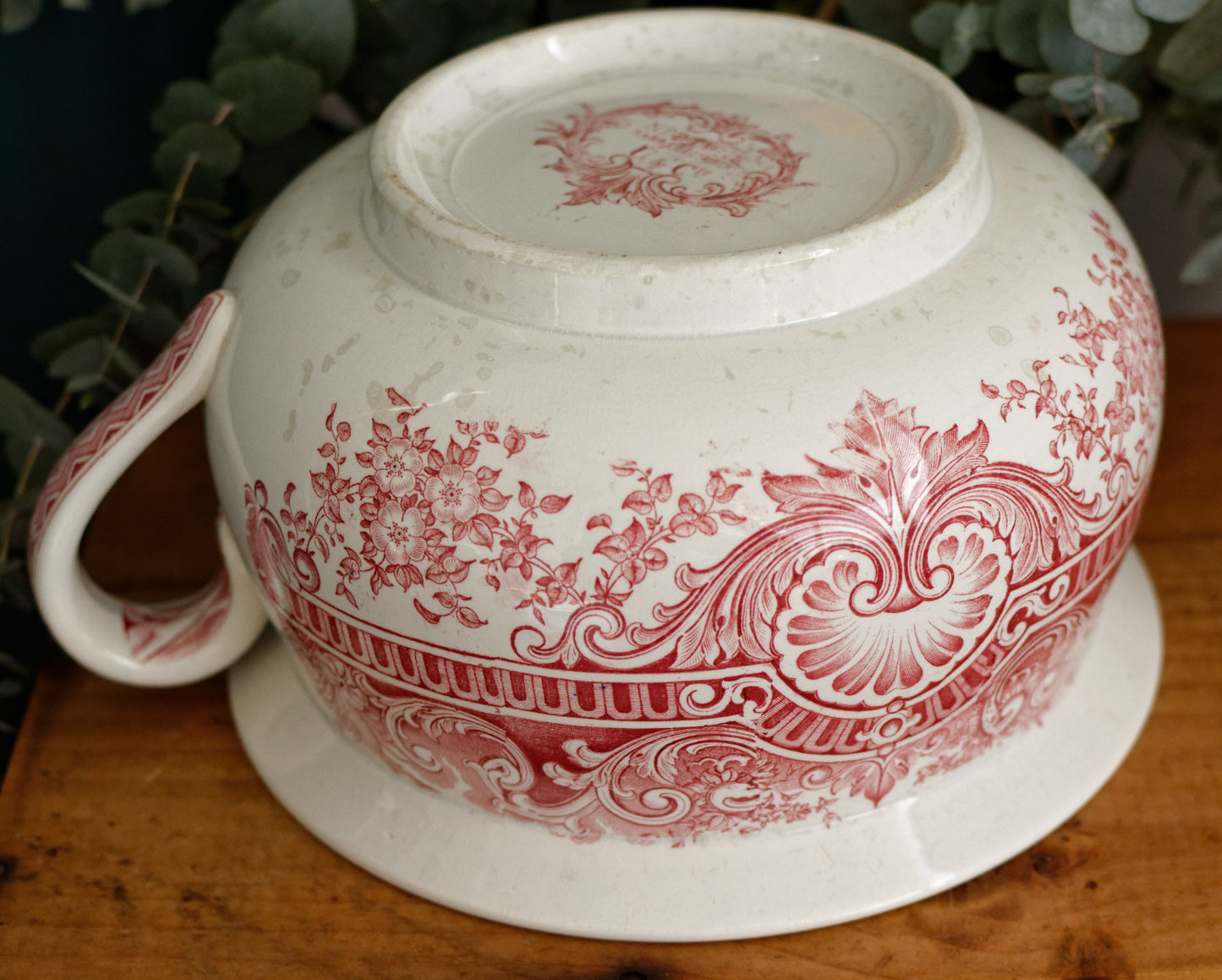 NEPTUNE Sarreguemines U&C French Antique Collectible Ironstone RED Transferware Bathroom Pitcher Pot de Chambre BROC CRUCHE Terre de fer en Faience