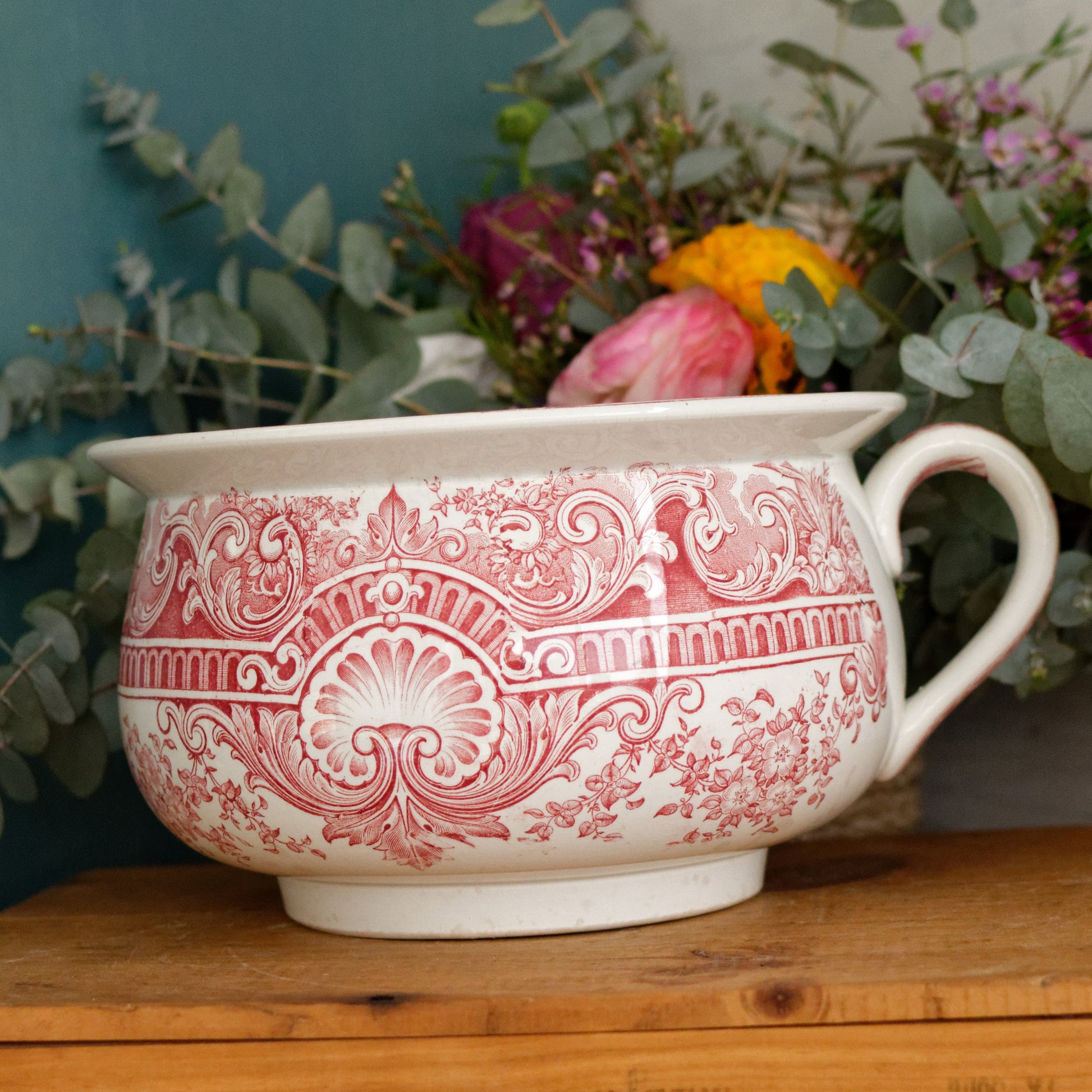 NEPTUNE Sarreguemines U&C French Antique Collectible Ironstone RED Transferware Bathroom Pitcher Pot de Chambre BROC CRUCHE Terre de fer en Faience
