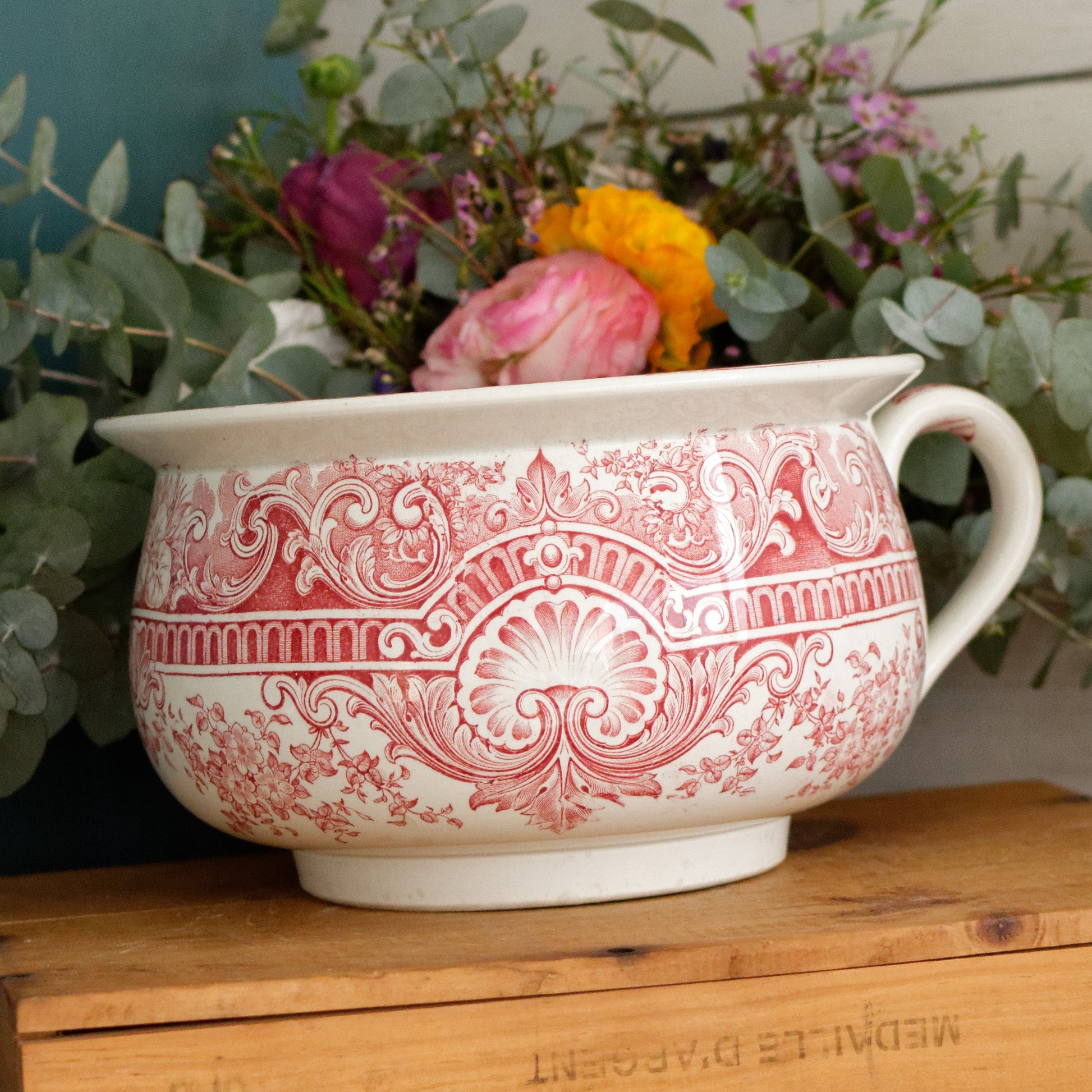 NEPTUNE Sarreguemines U&C French Antique Collectible Ironstone RED Transferware Bathroom Pitcher Pot de Chambre BROC CRUCHE Terre de fer en Faience