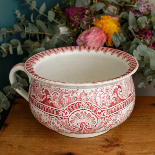 NEPTUNE Sarreguemines U&C French Antique Collectible Ironstone RED Transferware Bathroom Pitcher Pot de Chambre BROC CRUCHE Terre de fer en Faience