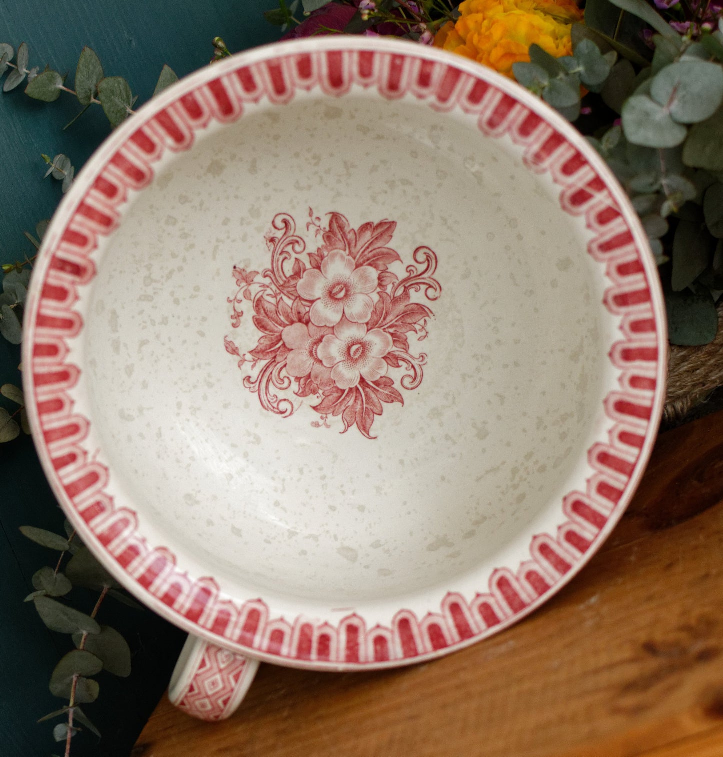 NEPTUNE Sarreguemines U&C French Antique Collectible Ironstone RED Transferware Bathroom Pitcher Pot de Chambre BROC CRUCHE Terre de fer en Faience