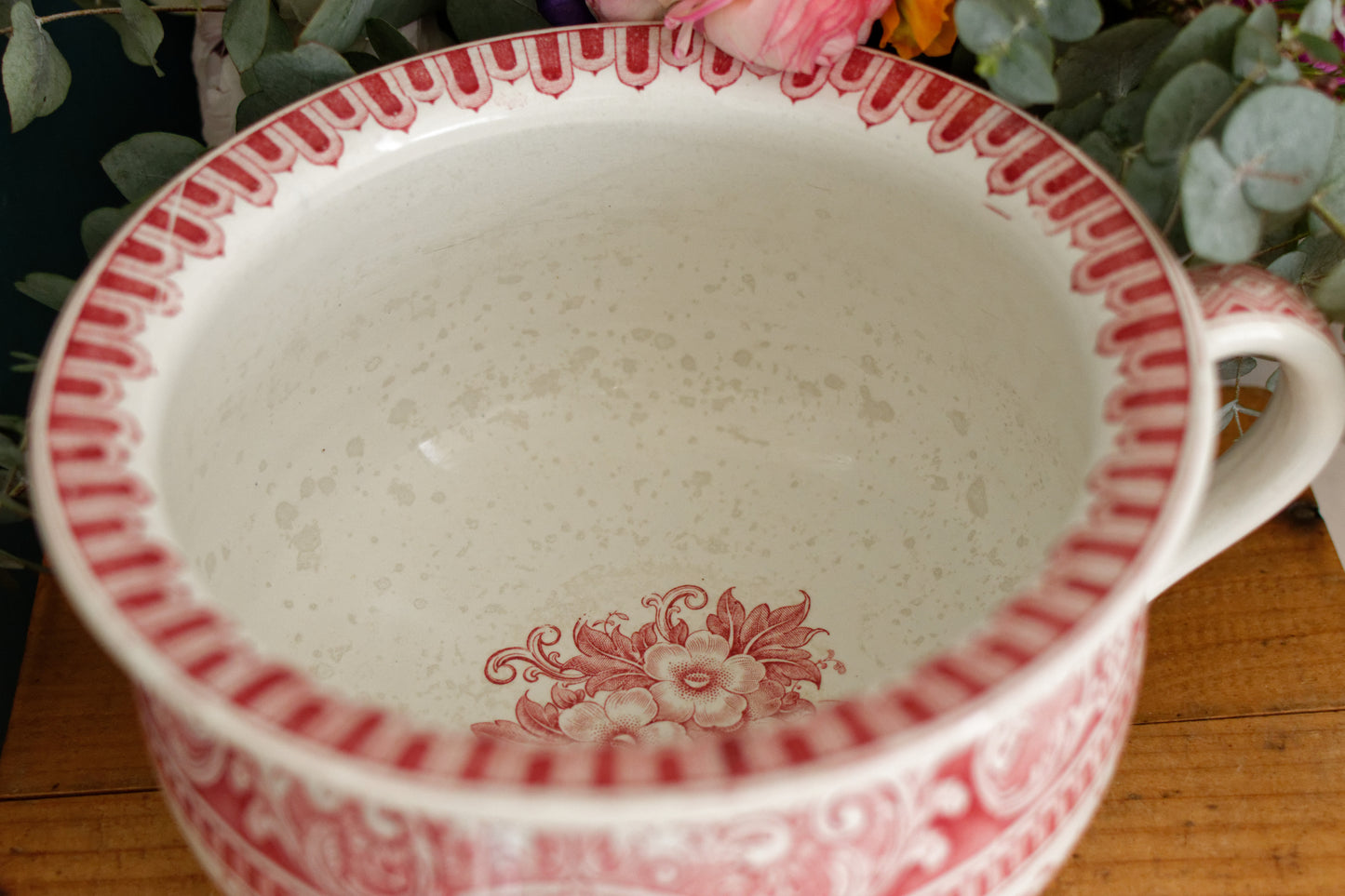 NEPTUNE Sarreguemines U&C French Antique Collectible Ironstone RED Transferware Bathroom Pitcher Pot de Chambre BROC CRUCHE Terre de fer en Faience