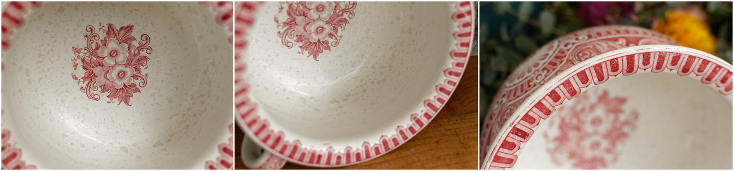 NEPTUNE Sarreguemines U&C French Antique Collectible Ironstone RED Transferware Bathroom Pitcher Pot de Chambre BROC CRUCHE Terre de fer en Faience