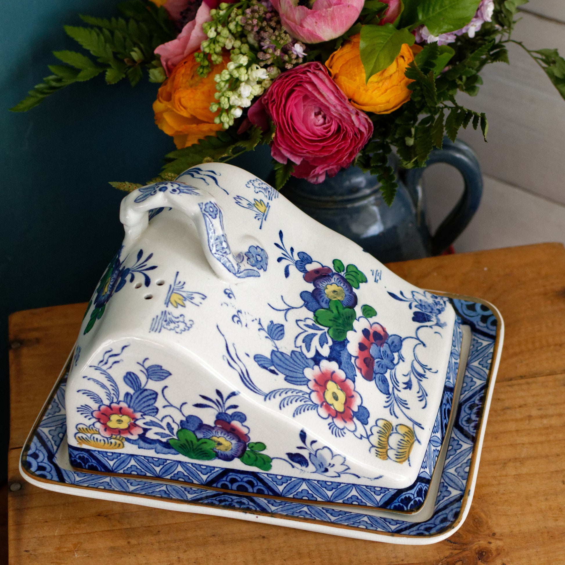 Netherlands BOOTHs Silicon China Made in England English Antique Ironstone Polychome Rectangular Covered Butter Cheese Dish
