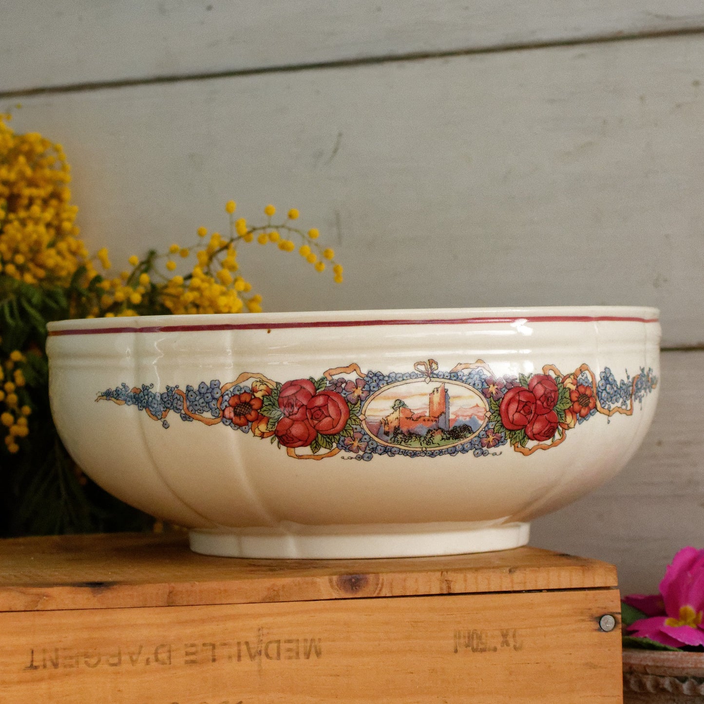 OBERNAI Alsace Theme Henri Loux Scenes Sarreguemines Faienceries French Vintage Antique Ironstone Serving Bowl Terre de Fer