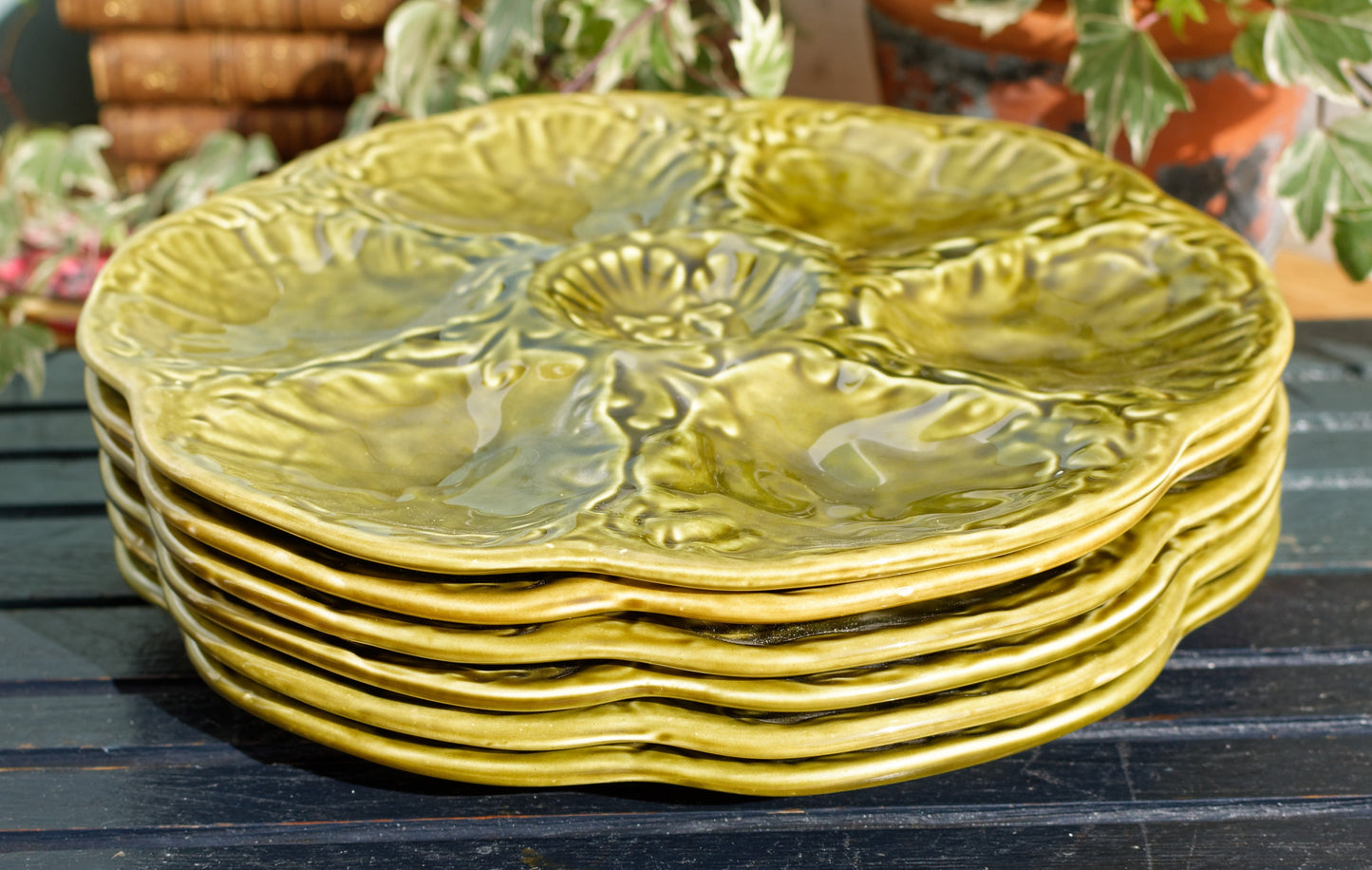 French Vintage BARBOTINE Olive Green Oyster Huître Shellfish Plate with 6 Wells Ceramic Majolica